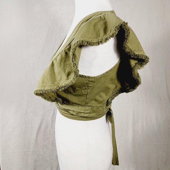 DO + BE, Khaki Green Crop Top Wrap Tie Waist Ruffled Sleeves Cotton, Festival, S - Picture 4 of 13